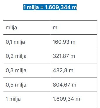 milja u metre
